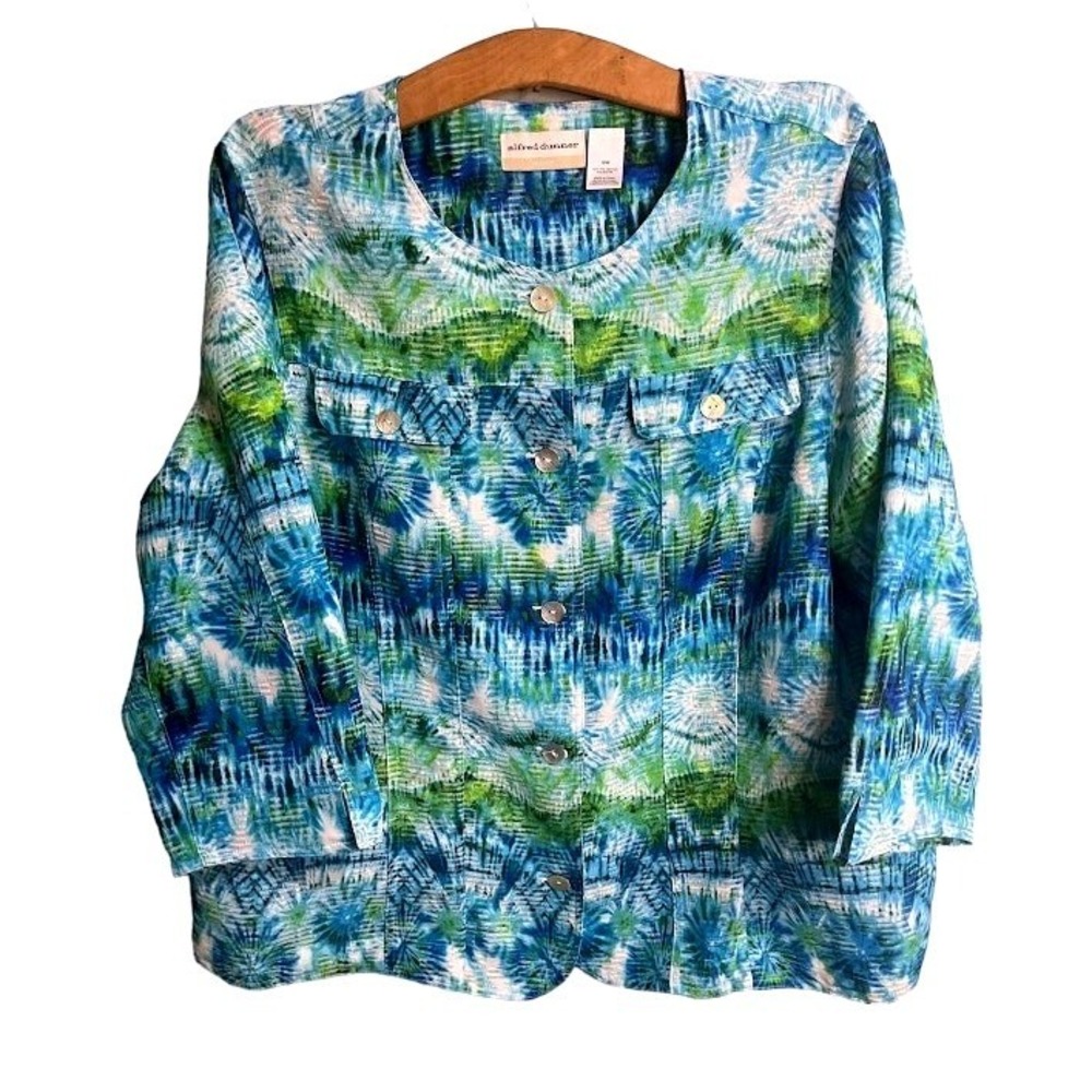 Alfred Dunner Jacket Women 18W Blue Green Excellent Tie Dye Ikat Button Front